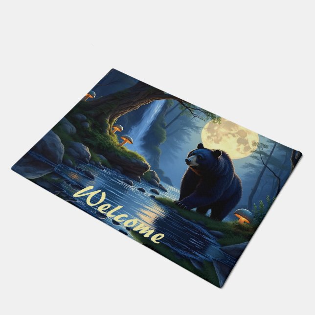 Black Bear in the woods at waters edge Doormat (Angled)