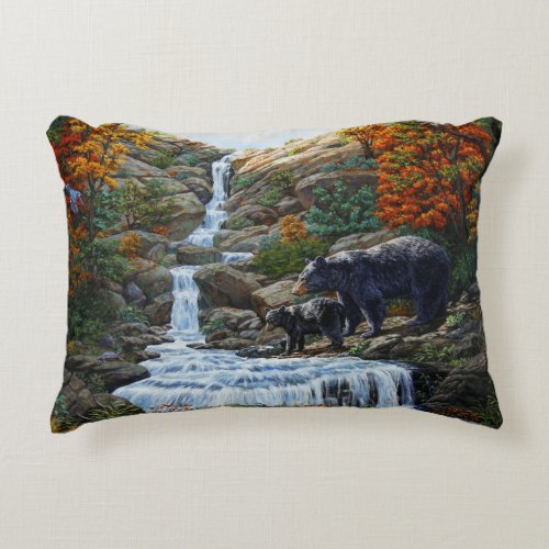 Black Bear Mother  Cub Waterfall Accent Pillow