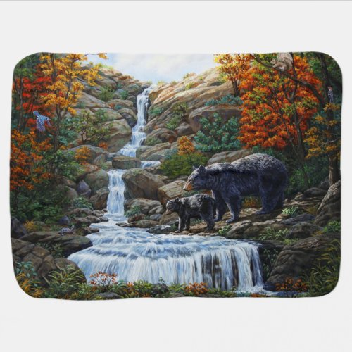 Black Bear Mother  Cub Waterfall Baby Blanket