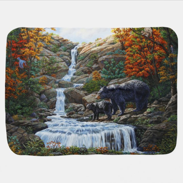 Black Bear Mother & Cub Waterfall Baby Blanket (Horizontal)