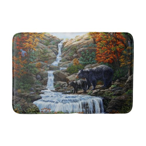 Black Bear Mother  Cub Waterfall Bath Mat