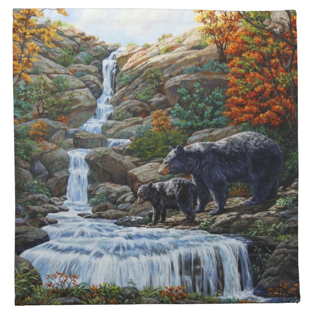 Black Bear Mother & Cub Waterfall Cloth Napkin (Front)