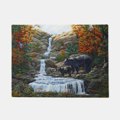 Black Bear Mother  Cub Waterfall Doormat