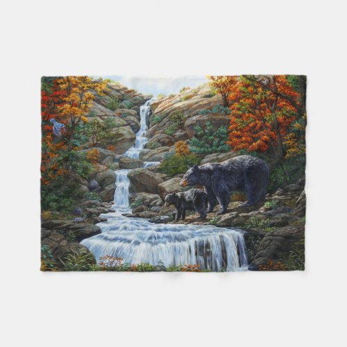 Black Bear Mother  Cub Waterfall Fleece Blanket