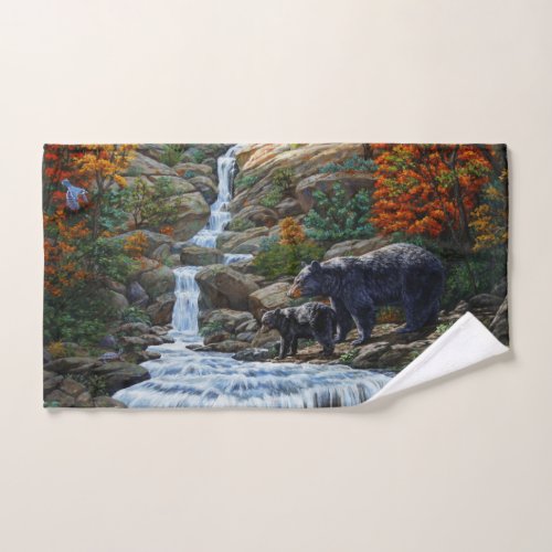 Black Bear Mother  Cub Waterfall Hand Towel