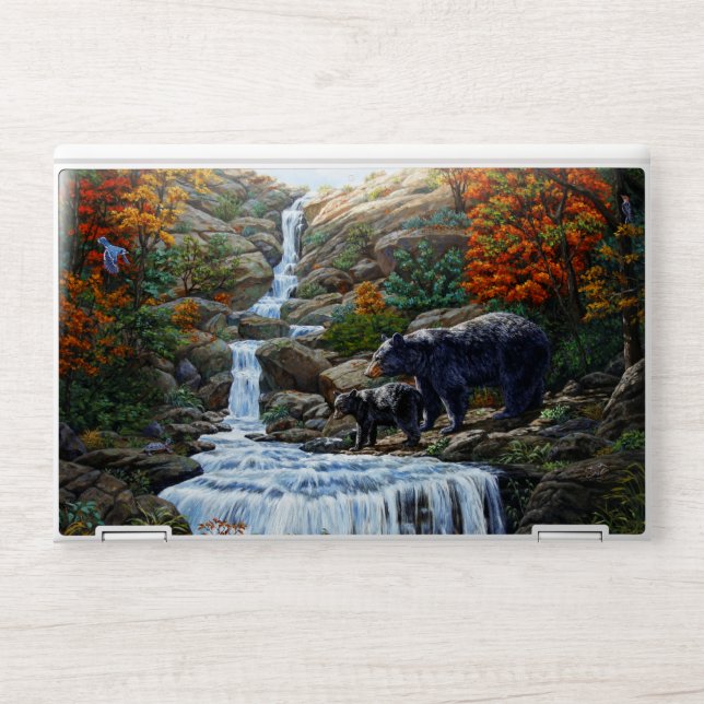 Black Bear Mother & Cub Waterfall HP Laptop Skin (Front)