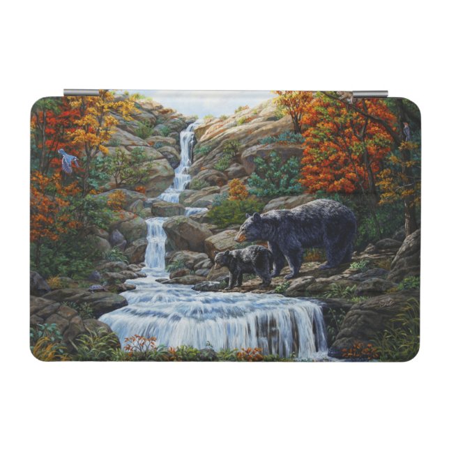Black Bear Mother & Cub Waterfall iPad Mini Cover (Horizontal)