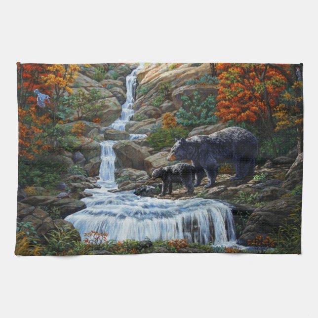 Black Bear Mother & Cub Waterfall Kitchen Towel (Horizontal)