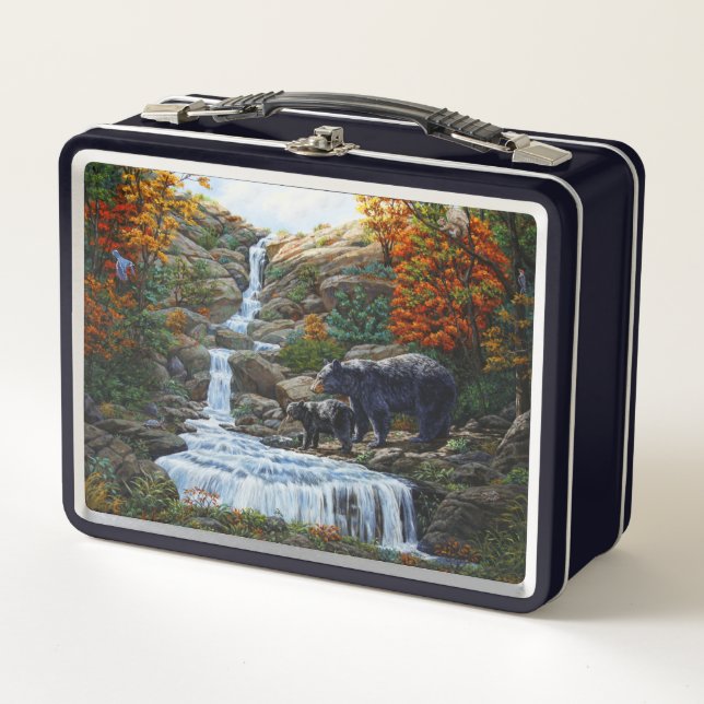 Black Bear Mother & Cub Waterfall Metal Lunch Box (Front)