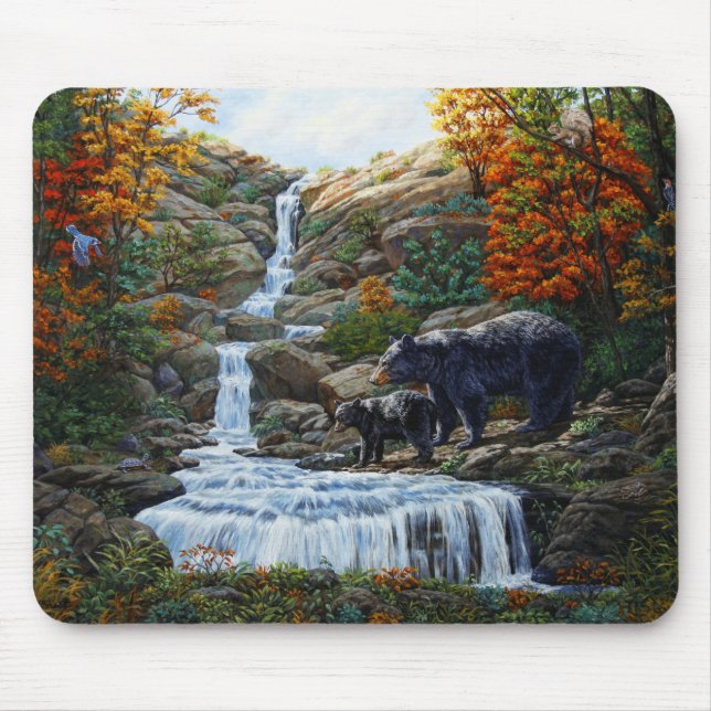 Black Bear Mother & Cub Waterfall Mouse Pad (Front)