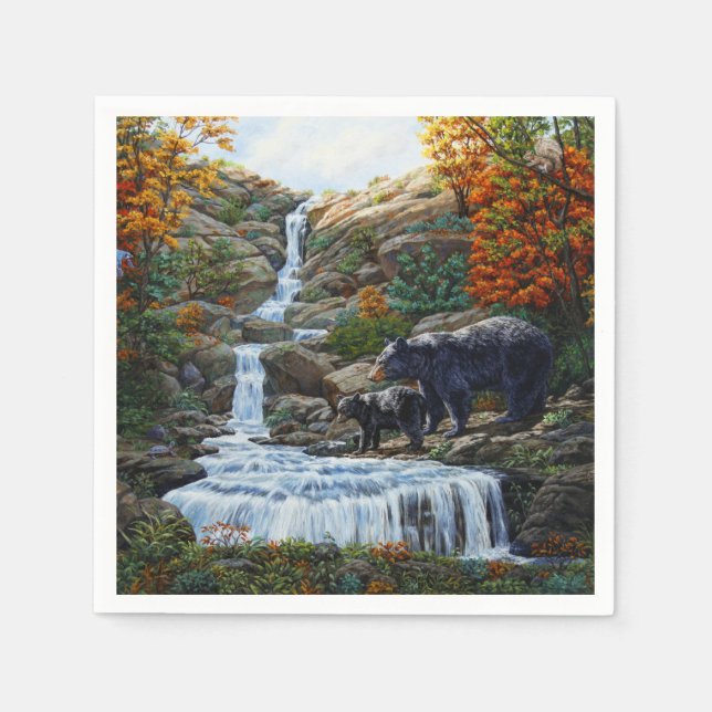 Black Bear Mother & Cub Waterfall Napkins (Front)