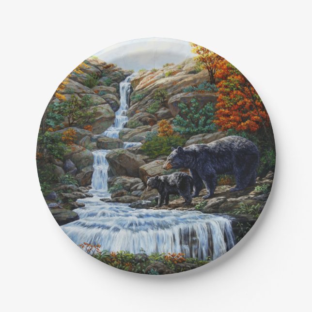 Black Bear Mother & Cub Waterfall Paper Plates (Front)