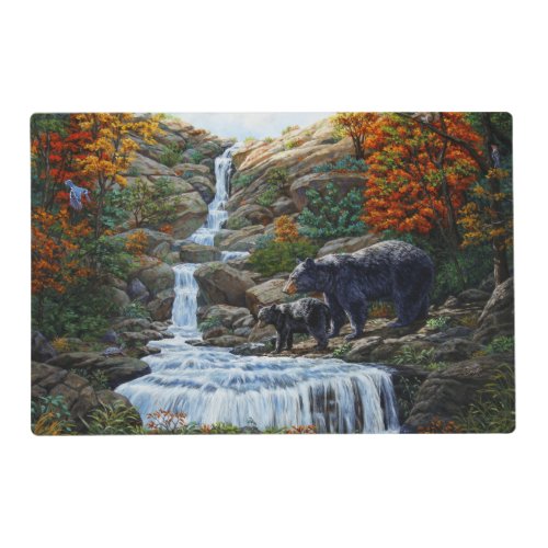 Black Bear Mother  Cub Waterfall Placemat