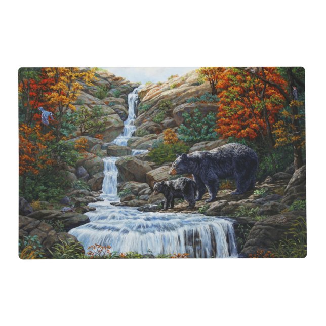 Black Bear Mother & Cub Waterfall Placemat (Front)
