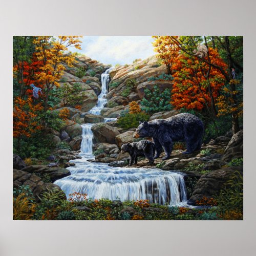 Black Bear Mother  Cub Waterfall Poster