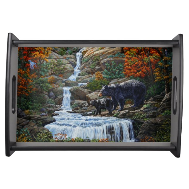 Black Bear Mother & Cub Waterfall Serving Tray (Front)