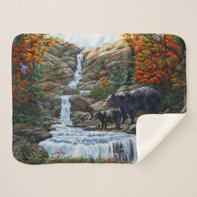 Black Bear Mother & Cub Waterfall Sherpa Blanket (Front (Horizontal))