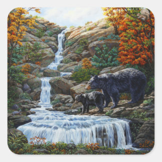Black Bear Mother & Cub Waterfall Square Sticker