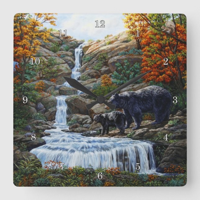 Black Bear Mother & Cub Waterfall Square Wall Clock (Front)