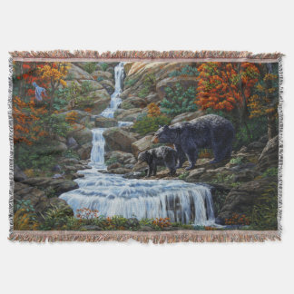 Black Bear Mother & Cub Waterfall Throw Blanket