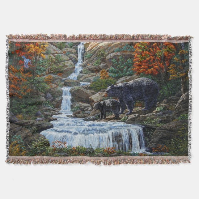 Black Bear Mother & Cub Waterfall Throw Blanket (Front)
