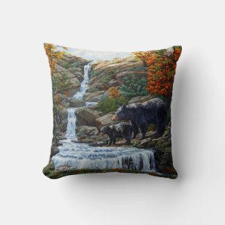 Black Bear Mother & Cub Waterfall Throw Pillow