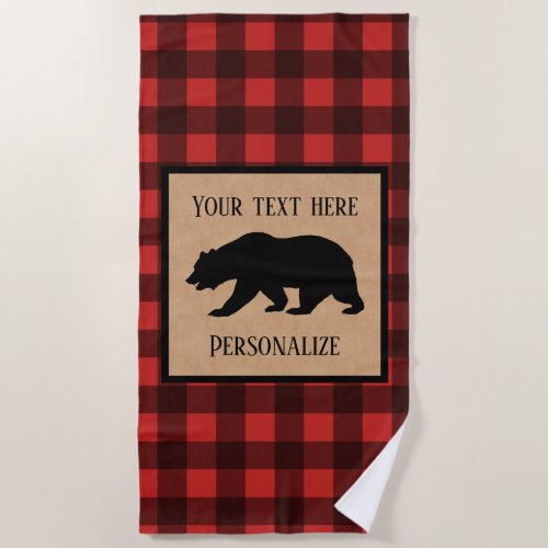 Black Bear On A Red And Black Plaid Personalized Beach Towel