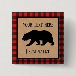 Black Bear On A Red And Black Plaid Personalized Button