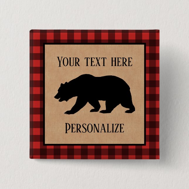 Black Bear On A Red And Black Plaid Personalized Button (Front)