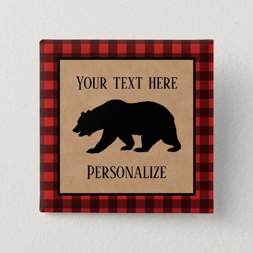 Black Bear On A Red And Black Plaid Personalized Button