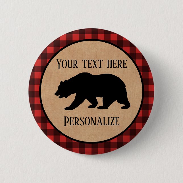 Black Bear On A Red And Black Plaid Personalized Button (Front)