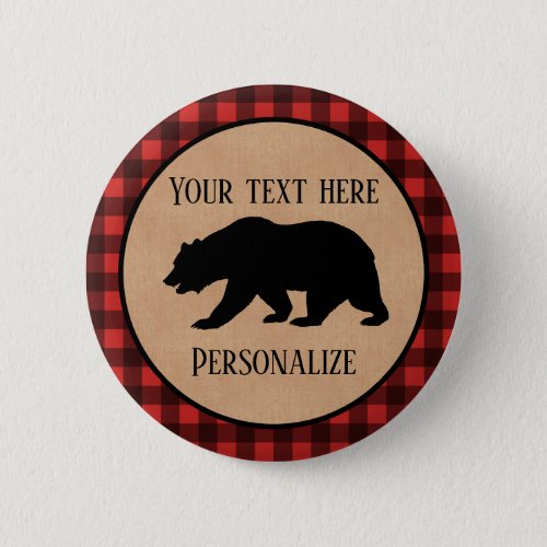 Black Bear On A Red And Black Plaid Personalized Button