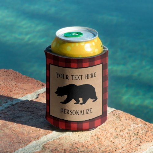 Black Bear On A Red And Black Plaid Personalized Can Cooler