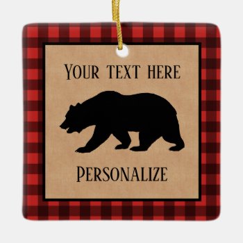 Black Bear On A Red And Black Plaid Personalized Ceramic Ornament by C_Katt at Zazzle