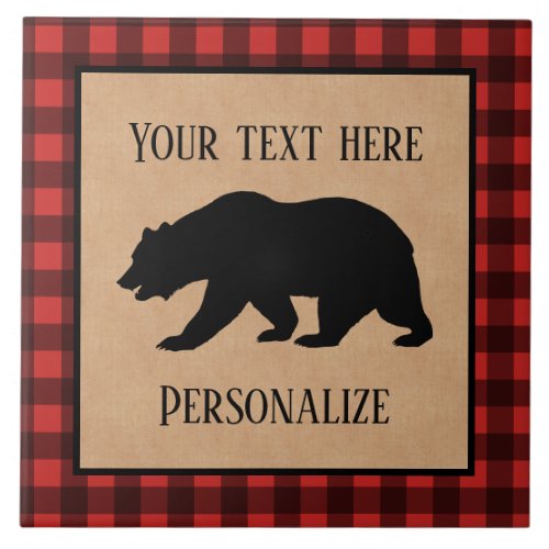 Black Bear On A Red And Black Plaid Personalized Ceramic Tile