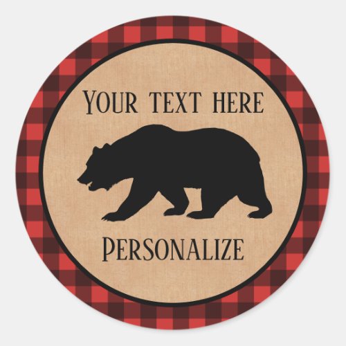 Black Bear On A Red And Black Plaid Personalized Classic Round Sticker