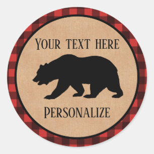 Black Bear On A Red And Black Plaid Personalized Classic Round Sticker