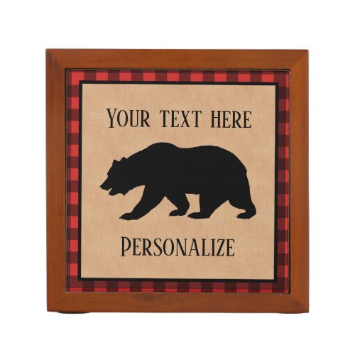 Black Bear On A Red And Black Plaid Personalized Desk Organizer
