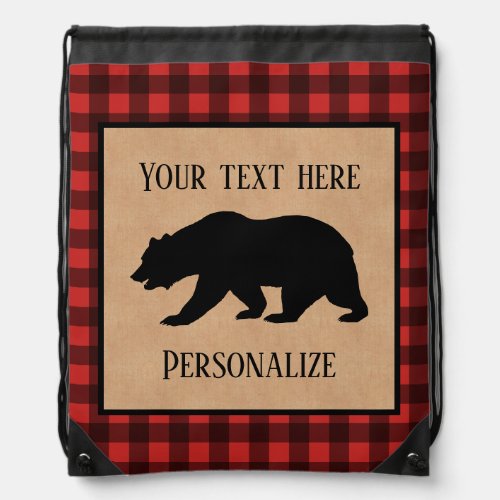  Black Bear On A Red And Black Plaid Personalized Drawstring Bag