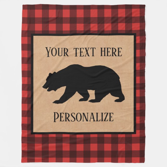 Black Bear On A Red And Black Plaid Personalized Fleece Blanket (Front)