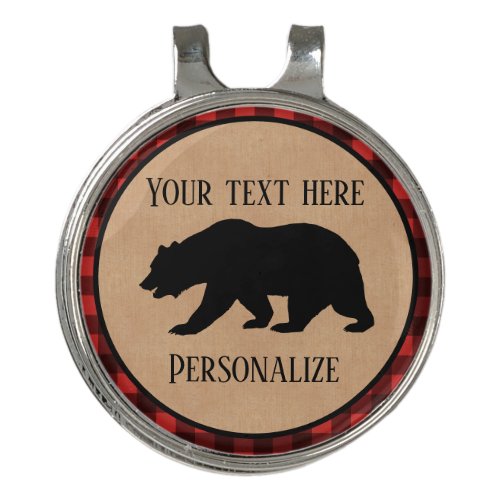 Black Bear On A Red And Black Plaid Personalized Golf Hat Clip