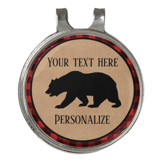 Black Bear On A Red And Black Plaid Personalized Golf Hat Clip (Front)