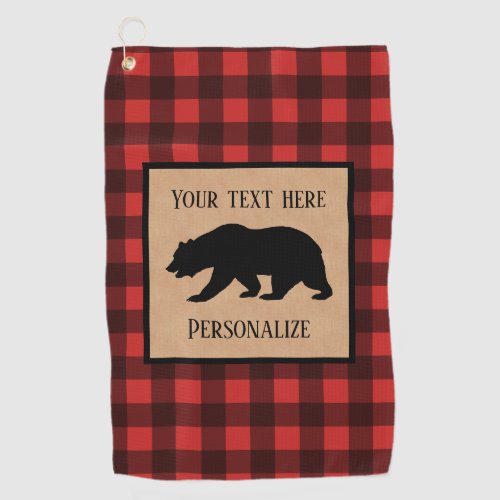 Black Bear On A Red And Black Plaid Personalized Golf Towel