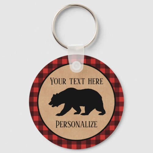 Black Bear On A Red And Black Plaid Personalized Keychain