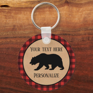 Black Bear On A Red And Black Plaid Personalized Keychain