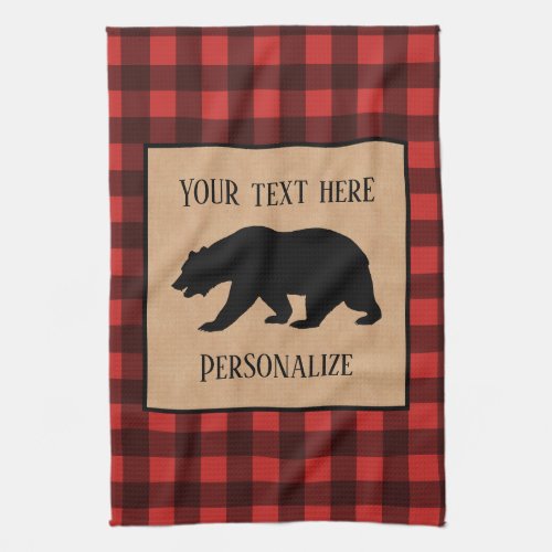 Black Bear On A Red And Black Plaid Personalized Kitchen Towel