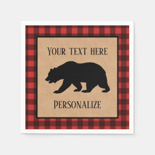 Black Bear On A Red And Black Plaid Personalized Napkins