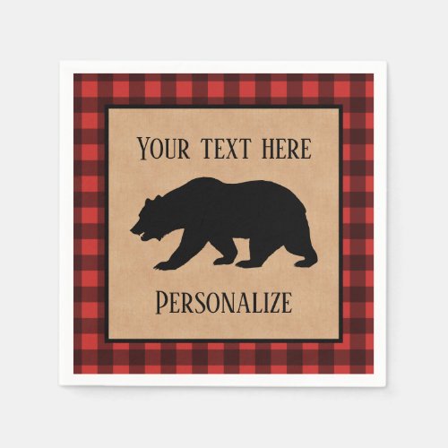 Black Bear On A Red And Black Plaid Personalized Napkins