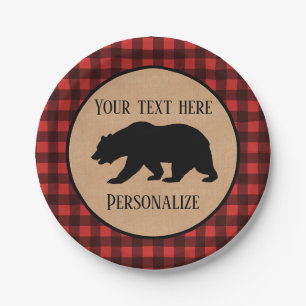 Black Bear On A Red And Black Plaid Personalized Paper Plates