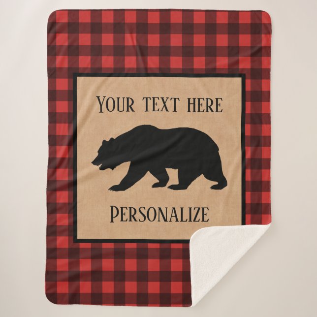 Black Bear On A Red And Black Plaid Personalized Sherpa Blanket (Front)